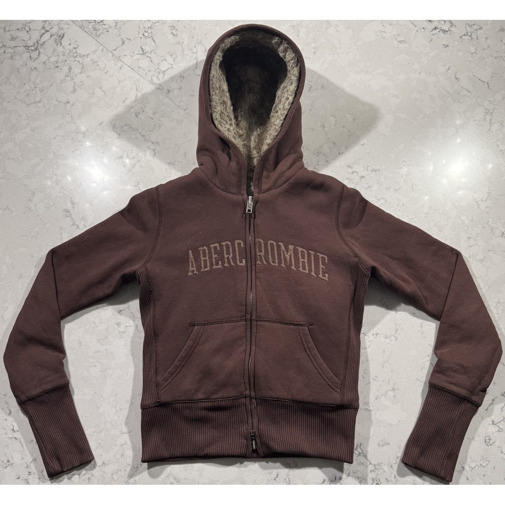 VTG Y2K Abercrombie & Fitch Faux Fur Lined Full Zip Hoodie Womens Medium Brown
